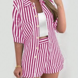 Women's Striped Printed Shirt And Shorts Set, 2pcs