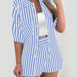 Women's Striped Printed Shirt And Shorts Set, 2pcs