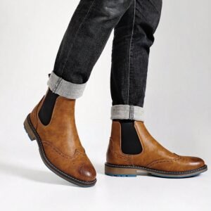 Men's Chelsea Boots, Brogue Print Leather Upper, Dual-Color Rubber Outsole Anti-Slip , Commuting Business Casual Retro Style Ankle Boots