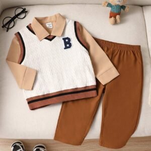 Souflis 3pcs Set Baby Boys Cute Collegiate Style Letter Embroidered Knitted Vest With Long Sleeve Shirt And Brown Suit Pants Gentleman Outfit, Elegant And Warm, Suitable For All Seasons, Ideal For Outings, Weddings, School Season