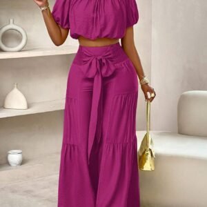 Slayr Summer Beach Vacation Style One-Shoulder Puff-Sleeved Ruffled Strapless Crop Top & Wide Leg Pants Set For Summer