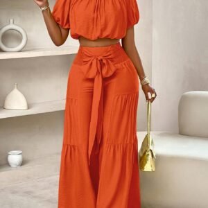 Slayr Summer Beach Vacation Style One-Shoulder Puff-Sleeved Ruffled Strapless Crop Top & Wide Leg Pants Set For Summer