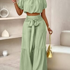 Slayr Summer Beach Vacation Style One-Shoulder Puff-Sleeved Ruffled Strapless Crop Top & Wide Leg Pants Set For Summer