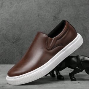 Men's Fashion Classic Solid Brown Mixed Leather Casual Slip-On Sneakers, Durable Waterproof Business Shoes Comfortable For Daily Wear