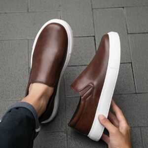 Men's Fashion Classic Solid Brown Mixed Leather Casual Slip-On Sneakers, Durable Waterproof Business Shoes Comfortable For Daily Wear