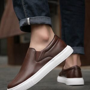 Men's Fashion Classic Solid Brown Mixed Leather Casual Slip-On Sneakers, Durable Waterproof Business Shoes Comfortable For Daily Wear