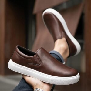 Men's Fashion Classic Solid Brown Mixed Leather Casual Slip-On Sneakers, Durable Waterproof Business Shoes Comfortable For Daily Wear