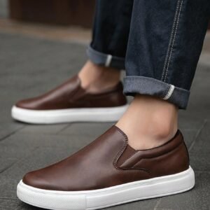 Men's Fashion Classic Solid Brown Mixed Leather Casual Slip-On Sneakers, Durable Waterproof Business Shoes Comfortable For Daily Wear