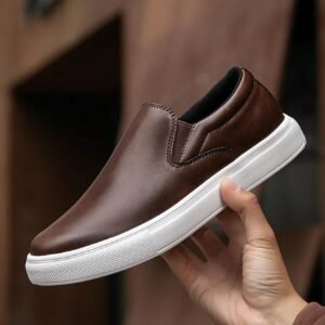 Men's Fashion Classic Solid Brown Mixed Leather Casual Slip-On Sneakers, Durable Waterproof Business Shoes Comfortable For Daily Wear