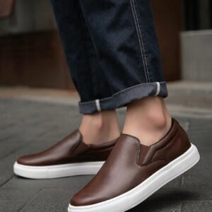 Men's Fashion Classic Solid Brown Mixed Leather Casual Slip-On Sneakers, Durable Waterproof Business Shoes Comfortable For Daily Wear