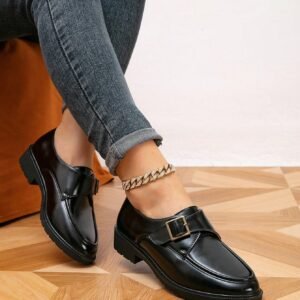 Ladies' Elegant Blue Vintage Floral Pattern Flat Round Toe Loafer Shoes With Metal Buckle (Shoe Vamp Pattern Random)