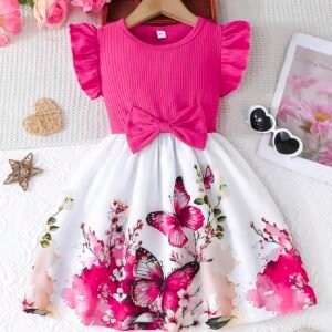 Young Girl Summer Casual Dress With Ruffled Sleeves, Bow Detail And Printed Rose Pattern