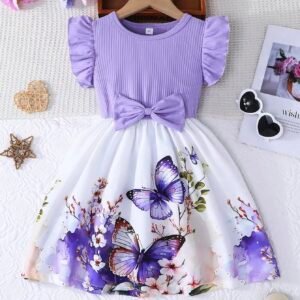 Young Girl Summer Casual Dress With Ruffled Sleeves, Bow Detail And Printed Rose Pattern