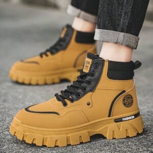 Men High-Top Laced Boots, Trendy Yellow Thick Sole Non-Slip Work Boots, Fashion Autumn/Winter Short Motorcycle Boots, Outdoor Combat Boots