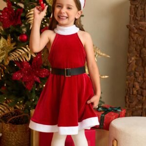 2pcs Halloween Costume  Young Girls Christmas Fashion Simple Santa Dress Colorblock Sleeveless Round Neck Red And White Dress With White Collar And Dress Hem, And Red Santa Hat