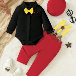 3pcs Baby Boys' Elegant And Vintage Style Gentleman Bow Tie Collar Bodysuit With Suspenders And Cap, Suitable