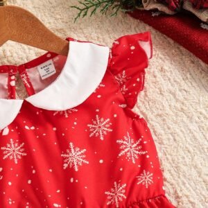 Young Girl' Cute Contrast Color Ruffle Lantern Sleeve A-Line Short Dress For Christmas Party, Suitable For Family Gathering And Home