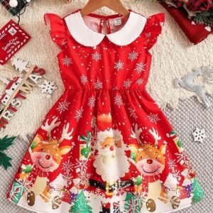 Young Girl' Cute Contrast Color Ruffle Lantern Sleeve A-Line Short Dress For Christmas Party, Suitable For Family Gathering And Home