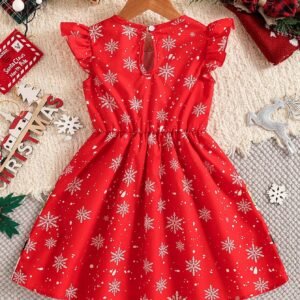 Young Girl' Cute Contrast Color Ruffle Lantern Sleeve A-Line Short Dress For Christmas Party, Suitable For Family Gathering And Home