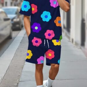 Manfinity Hypemode Men''s Colorful Floral Print Crew Neck Short Sleeve T-Shirt & Shorts Set