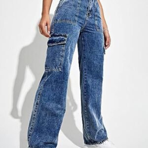 Womens Denim Cargo Pants Flap Pocket High Waisted Stretchy Straight Wide Leg Jeans