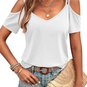 Womens Summer Cold Shoulder Tops Low Back Short Sleeve V Neck T Shirts Sexy Casual