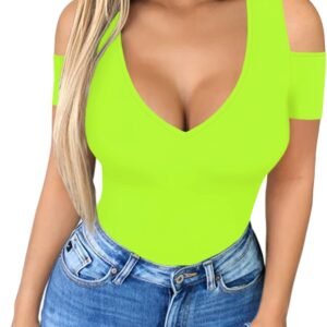 HERLOLLYCHIPS Women Tops Summer Deep V Neck Short Sleeve Cold Shoulder Slim Fit Casual Sexy Tees T-Shirts