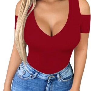 HERLOLLYCHIPS Women Tops Summer Deep V Neck Short Sleeve Cold Shoulder Slim Fit Casual Sexy Tees T-Shirts