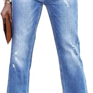 Womens Denim Cargo Pants Flap Pocket High Waisted Stretchy Straight Wide Leg Jeans