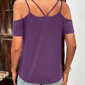 Womens Summer Cold Shoulder Tops Low Back Short Sleeve V Neck T Shirts Sexy Casual