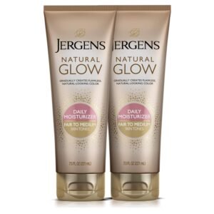 Jergens Natural Glow Self Tanner Lotion, Daily Sunless Fake Tanning, Medium to Deep Skin Tone, Daily Moisturizer, featuring Antioxidants and Vitamin E, 7.5 oz (2 Pack)