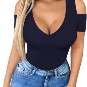 HERLOLLYCHIPS Women Tops Summer Deep V Neck Short Sleeve Cold Shoulder Slim Fit Casual Sexy Tees T-Shirts