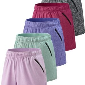 5 Pack: Womens Workout Gym Shorts Casual Lounge Set, Ladies Active Athletic Apparel with Zipper Pockets