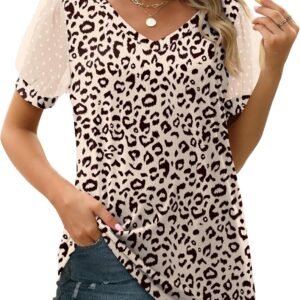 Aokosor Womens Summer Tops V Neck T Shirts Swiss Dot Puff Sleeve Tops Loose Casual Tshirts