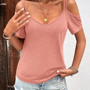 Womens Summer Cold Shoulder Tops Low Back Short Sleeve V Neck T Shirts Sexy Casual