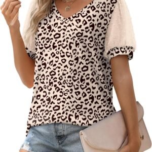 Aokosor Womens Summer Tops V Neck T Shirts Swiss Dot Puff Sleeve Tops Loose Casual Tshirts