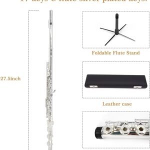 YANASON Student C Flute 16 Closed Hole C Flute with Carrying Case Stand Gloves Cleaning Cloth and More