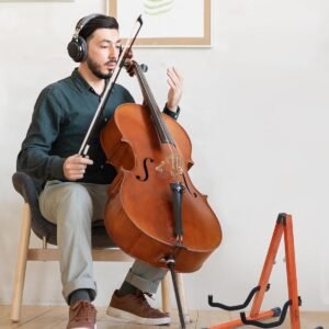 Cello Stand, A-Frame Cello Stand with Bow Holder for Cello Display, Handcrafted Wooden Cello Stand with Padded Foam, Mahogany Wood Floor Cello Stand for 1/2, 3/4, 7/8, Full-Size Cello, Guitar