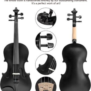 4/4 Violin for Beginner, Poseidon Premium Violin Fiddle Set for Beginners Adult Student w/Case, Extra Violin 4/4 Strings Set, Two Bows, Two Bridges, Two Rosins, Tuner, Manual - Black Polished