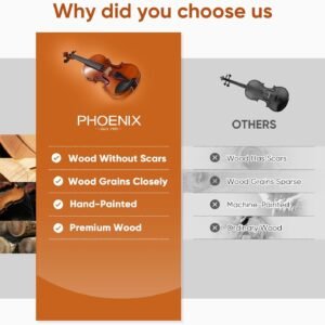 PHOENIX Violin 4/4 Full Size Kit, Violin Fiddle Set for Beginner Adults Student with Rosewood Bow, Extra Strings & Bridge, 2 Rosins, Tuner, Case, Mute, Fingerboard Stickers, Shoulder Rest Full