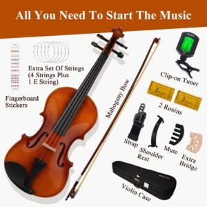 PHOENIX Violin 4/4 Full Size Kit, Violin Fiddle Set for Beginner Adults Student with Rosewood Bow, Extra Strings & Bridge, 2 Rosins, Tuner, Case, Mute, Fingerboard Stickers, Shoulder Rest Full