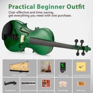 4/4 Violin for Beginner, Poseidon Premium Violin Fiddle Set for Beginners Adult Student w/Case, Extra Violin 4/4 Strings Set, Two Bows, Two Bridges, Two Rosins, Tuner, Manual - Black Polished