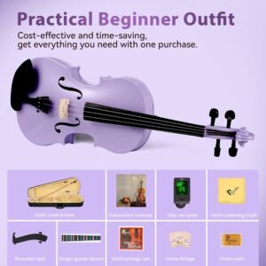 4/4 Violin for Beginner, Poseidon Premium Violin Fiddle Set for Beginners Adult Student w/Case, Extra Violin 4/4 Strings Set, Two Bows, Two Bridges, Two Rosins, Tuner, Manual - Black Polished