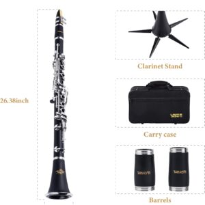 YANASON B Flat 17 Key Clarinet with 2 Barrels, Case, Stand, Strap, Reeds,8 Pads, 2 Cleaning Cloth and More