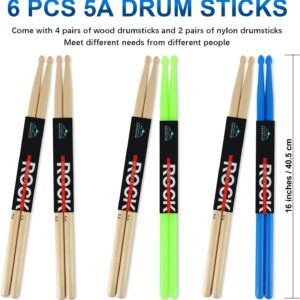 EASTROCK 5A Drum Sticks Maple Wood Drumsticks Blue Green Nylon Drumstick for Kids Adults Beginner Drum Accessories 6 Pair Nylon+Wood