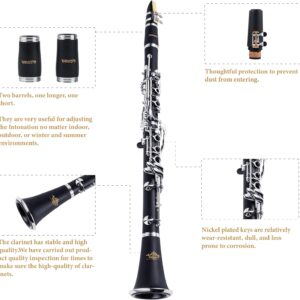 YANASON B Flat 17 Key Clarinet with 2 Barrels, Case, Stand, Strap, Reeds,8 Pads, 2 Cleaning Cloth and More