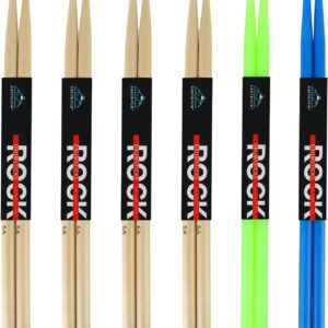 EASTROCK 5A Drum Sticks Maple Wood Drumsticks Blue Green Nylon Drumstick for Kids Adults Beginner Drum Accessories 6 Pair Nylon+Wood