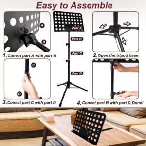 70IN Sheet Music Stand, Tall Music Stand for Sheet Music High Stability, Adjustable Portable Music Stand with Carrying Bag for Guitar, Violin, Ukulele 33-70IN-B