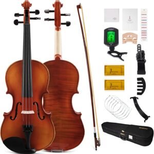 PHOENIX Violin 4/4 Full Size Kit, Violin Fiddle Set for Beginner Adults Student with Rosewood Bow, Extra Strings & Bridge, 2 Rosins, Tuner, Case, Mute, Fingerboard Stickers, Shoulder Rest Full