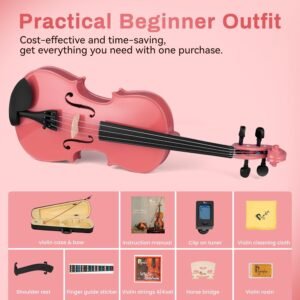 4/4 Violin for Beginner, Poseidon Premium Violin Fiddle Set for Beginners Adult Student w/Case, Extra Violin 4/4 Strings Set, Two Bows, Two Bridges, Two Rosins, Tuner, Manual - Black Polished